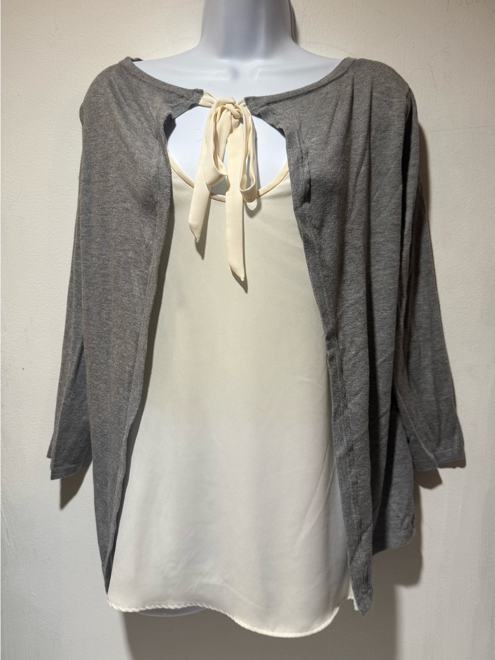 LOFT Cream Tie-Neck Camisole with Gray Open Cardigan